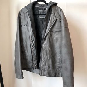CALVIN KLEIN Grey Hooded Leather Jacket